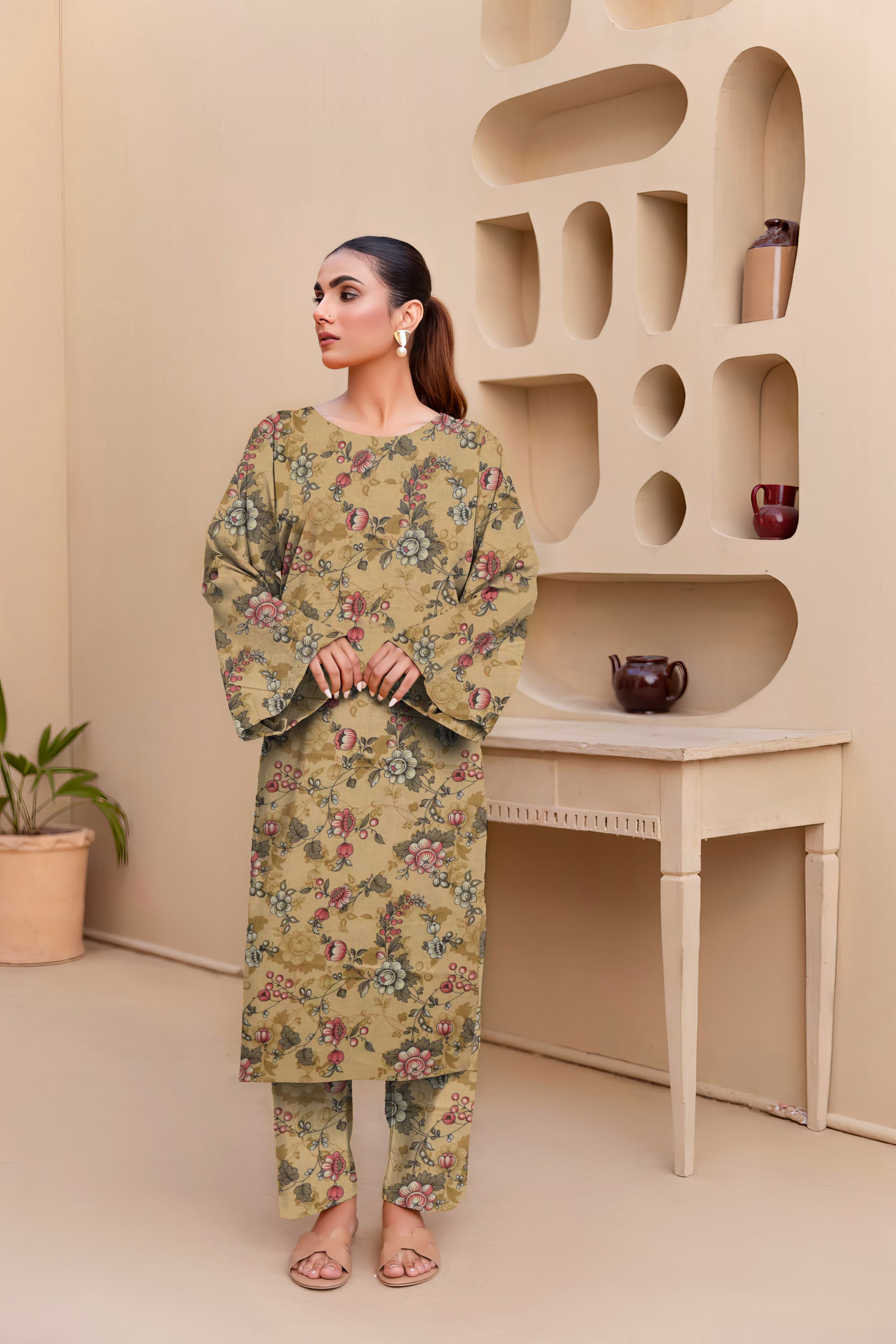 Unstitched Allover Printed Lawn 2 Piece Suits | BK-19 | Skin Colour
