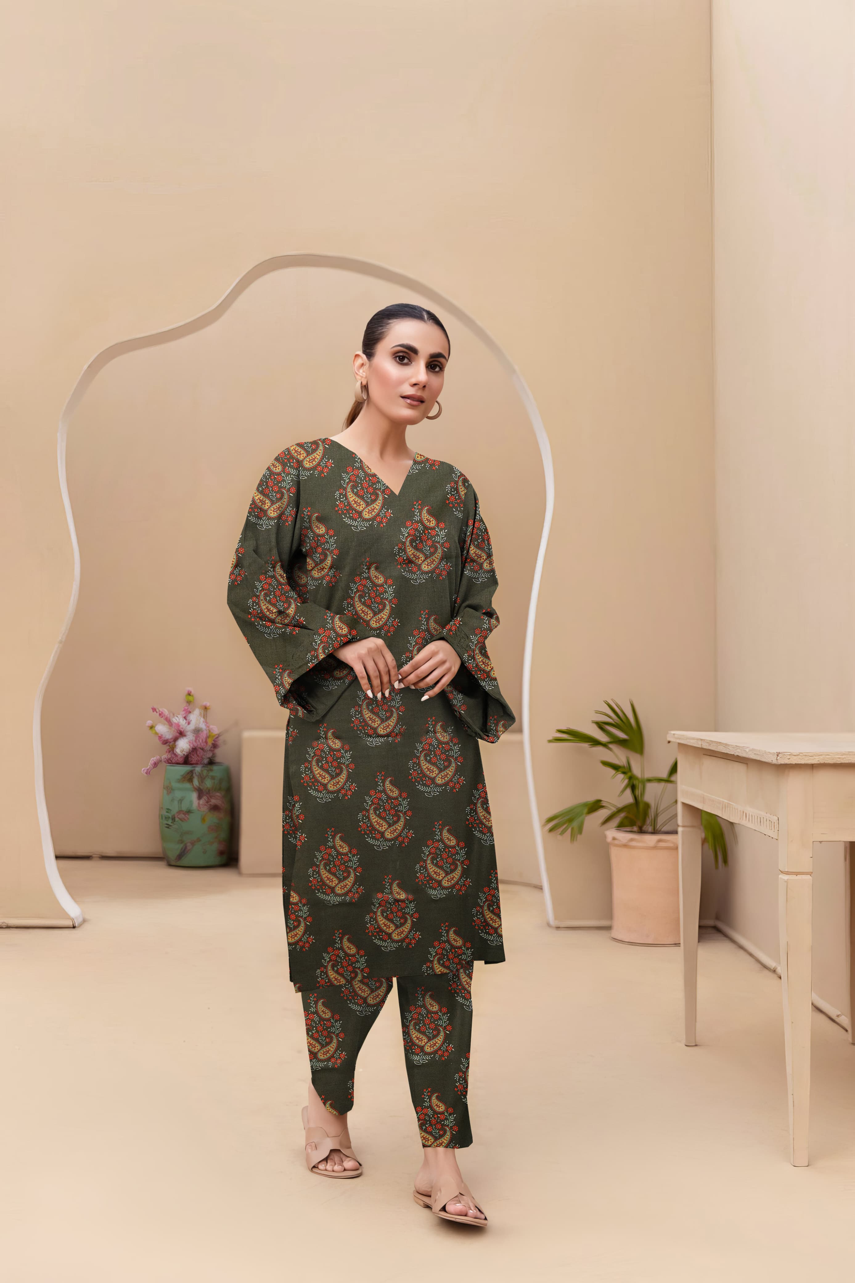 Unstitched Allover Printed Lawn 2 Piece Suits | BK-28 | Green Colour