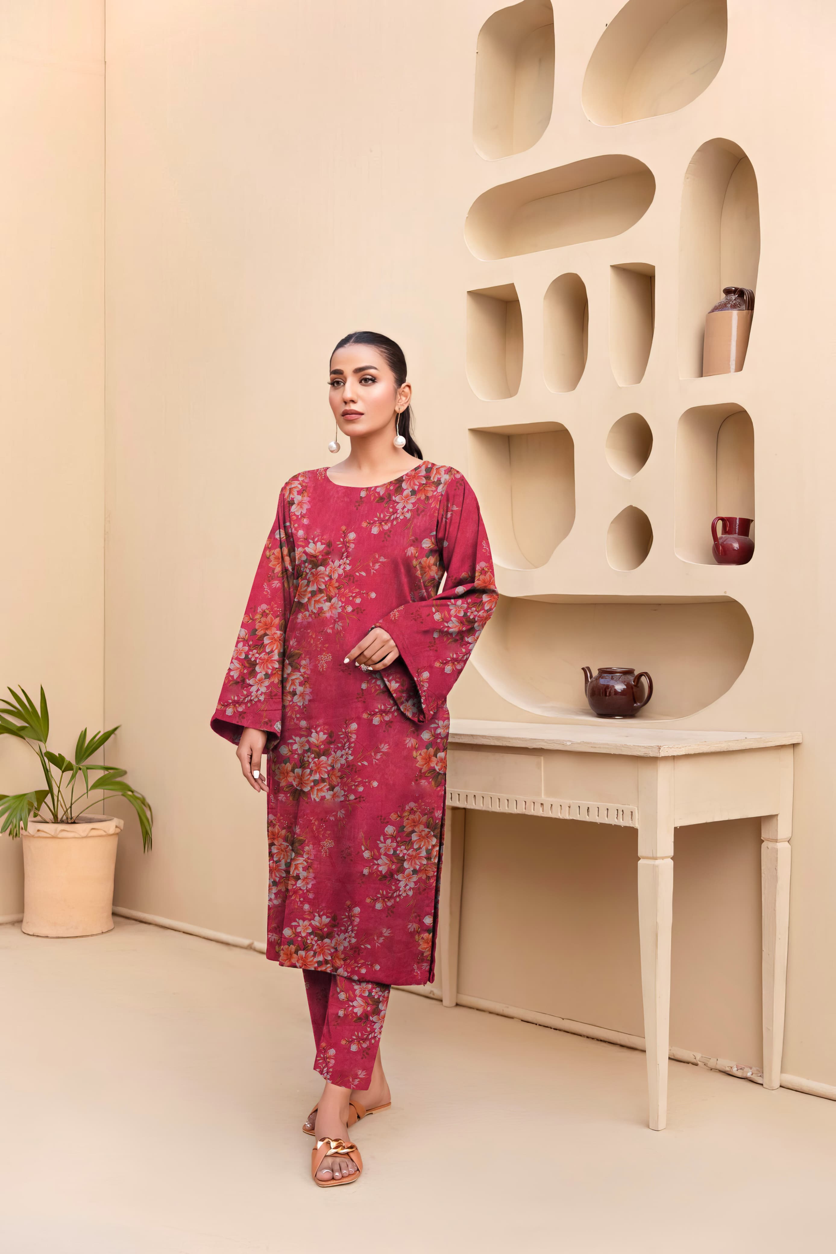 Unstitched Allover Printed Lawn 2 Piece Suits | BK-31 | Mild Red Colour