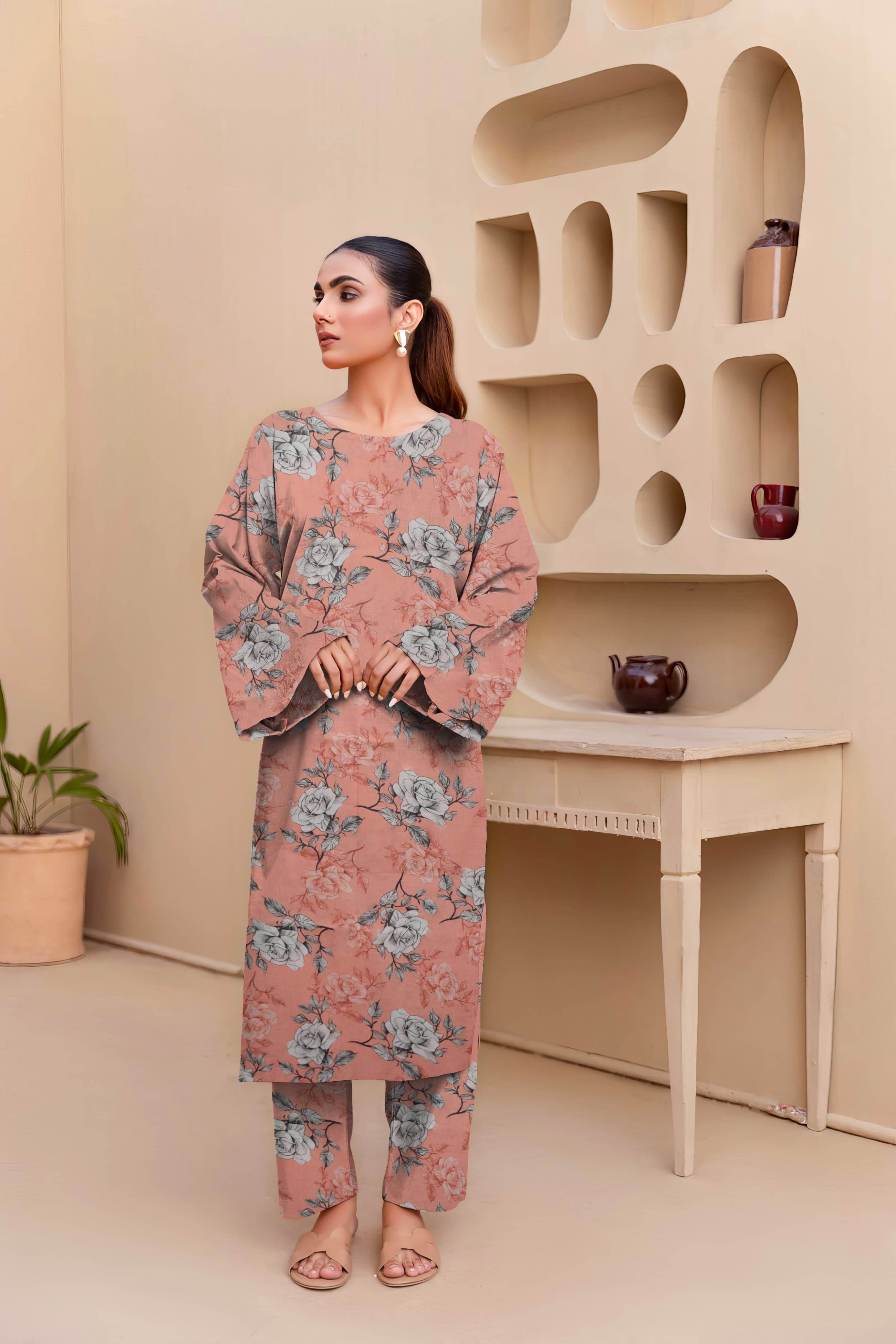 Unstitched Allover Printed Lawn 2 Piece Suits | BK-32 | T-Pink Colour