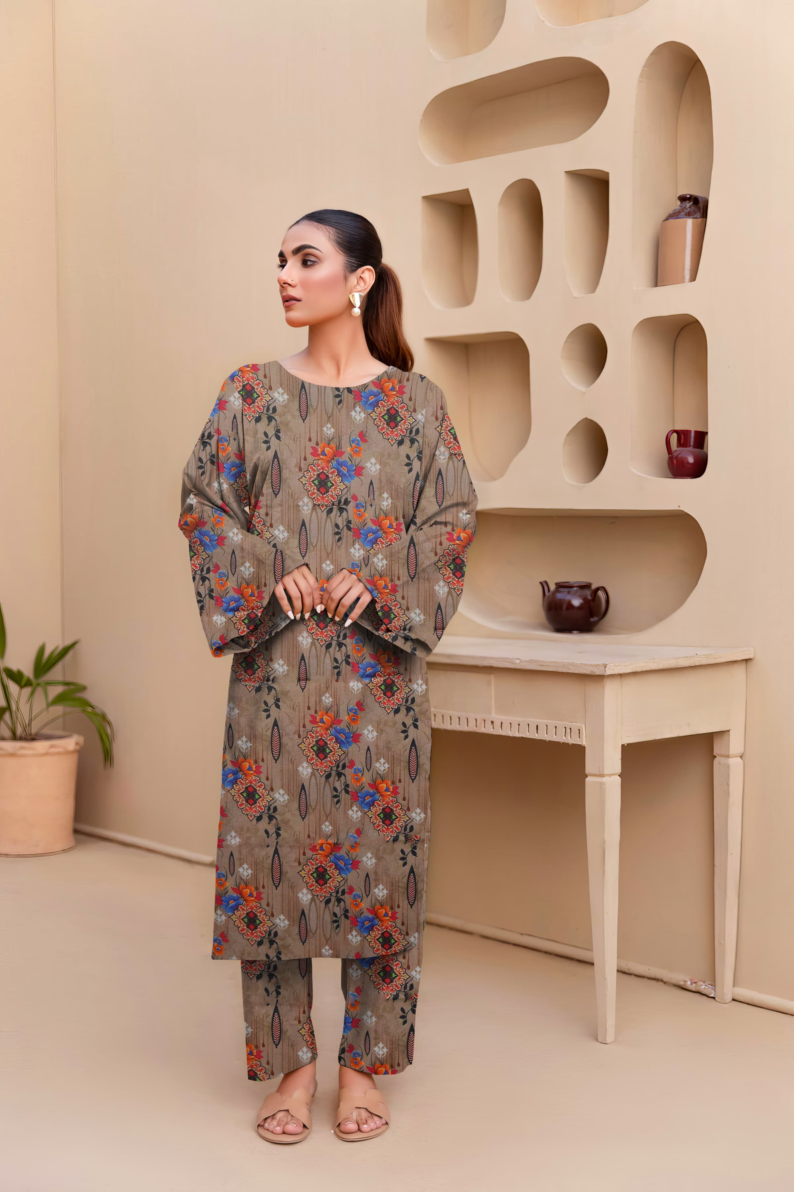 Unstitched Allover Printed Lawn 2 Piece Suits | BK-33 | Grey Skin Colour