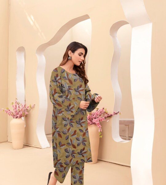 Unstitched Allover Printed Lawn 2 Piece Suits | BK-20 | Yellowish Orange Colour