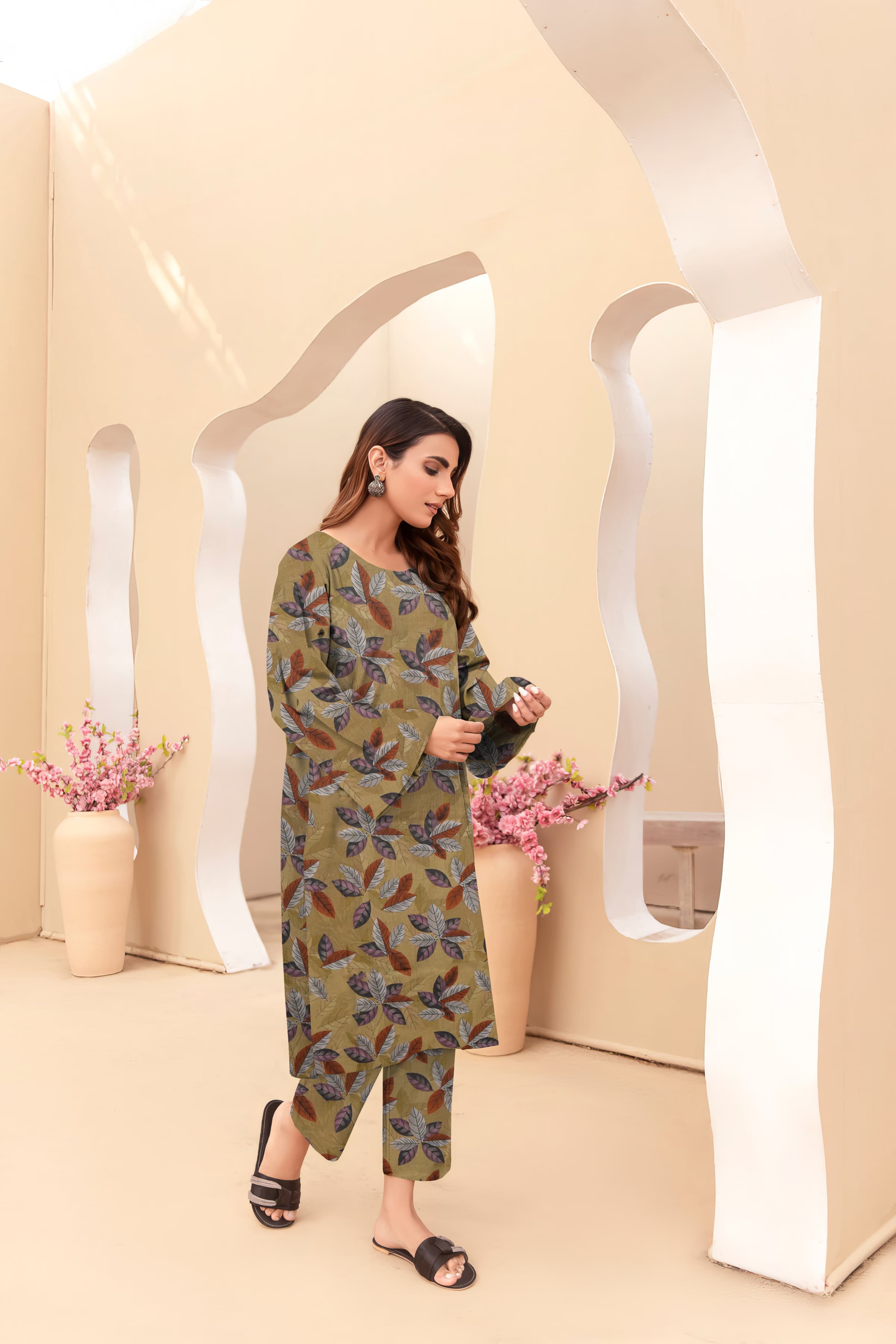 Unstitched Allover Printed Lawn 2 Piece Suits | BK-20 | Yellowish Orange Colour
