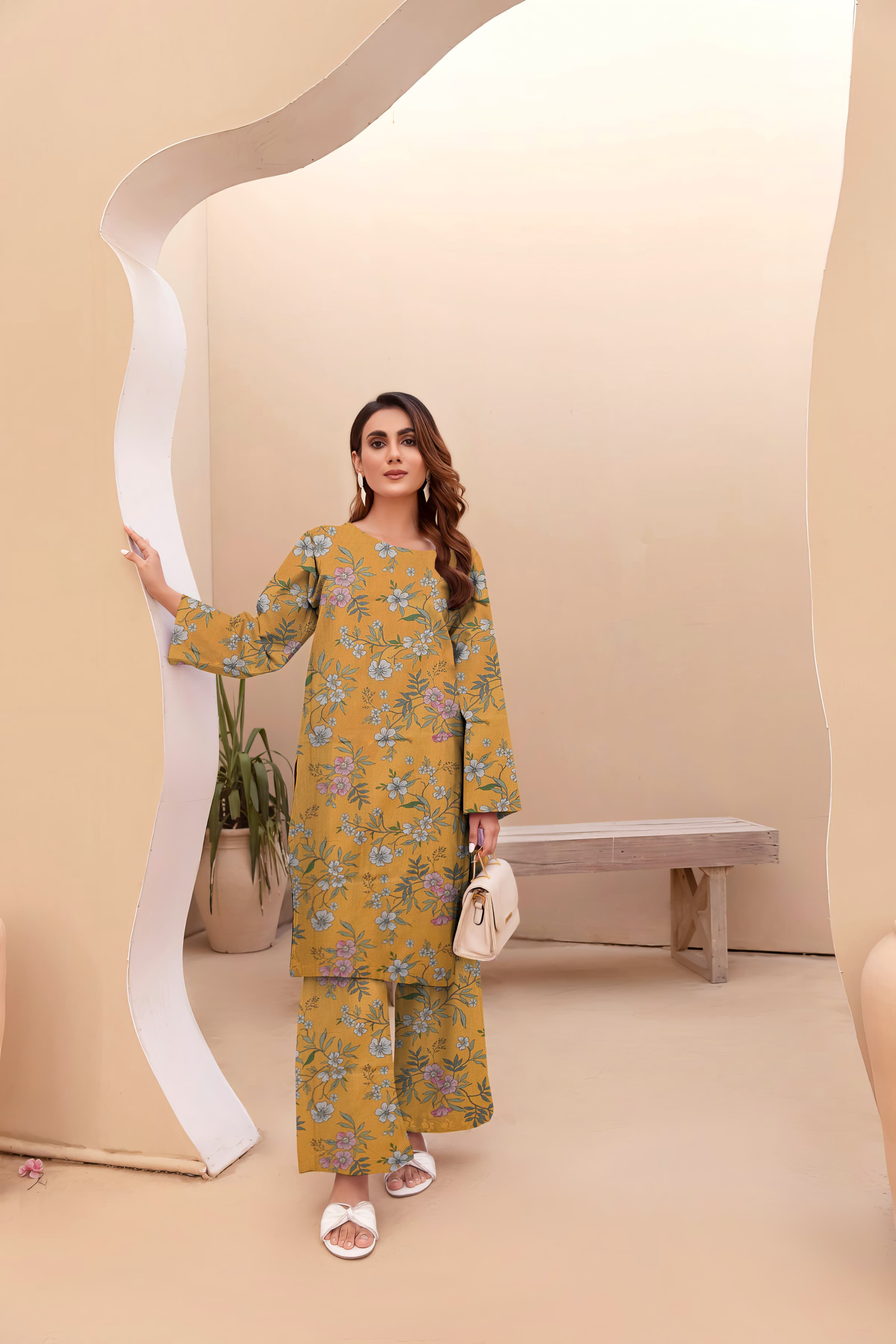 Unstitched Allover Printed Lawn 2 Piece Suits | BK-25 | Yellow Colour