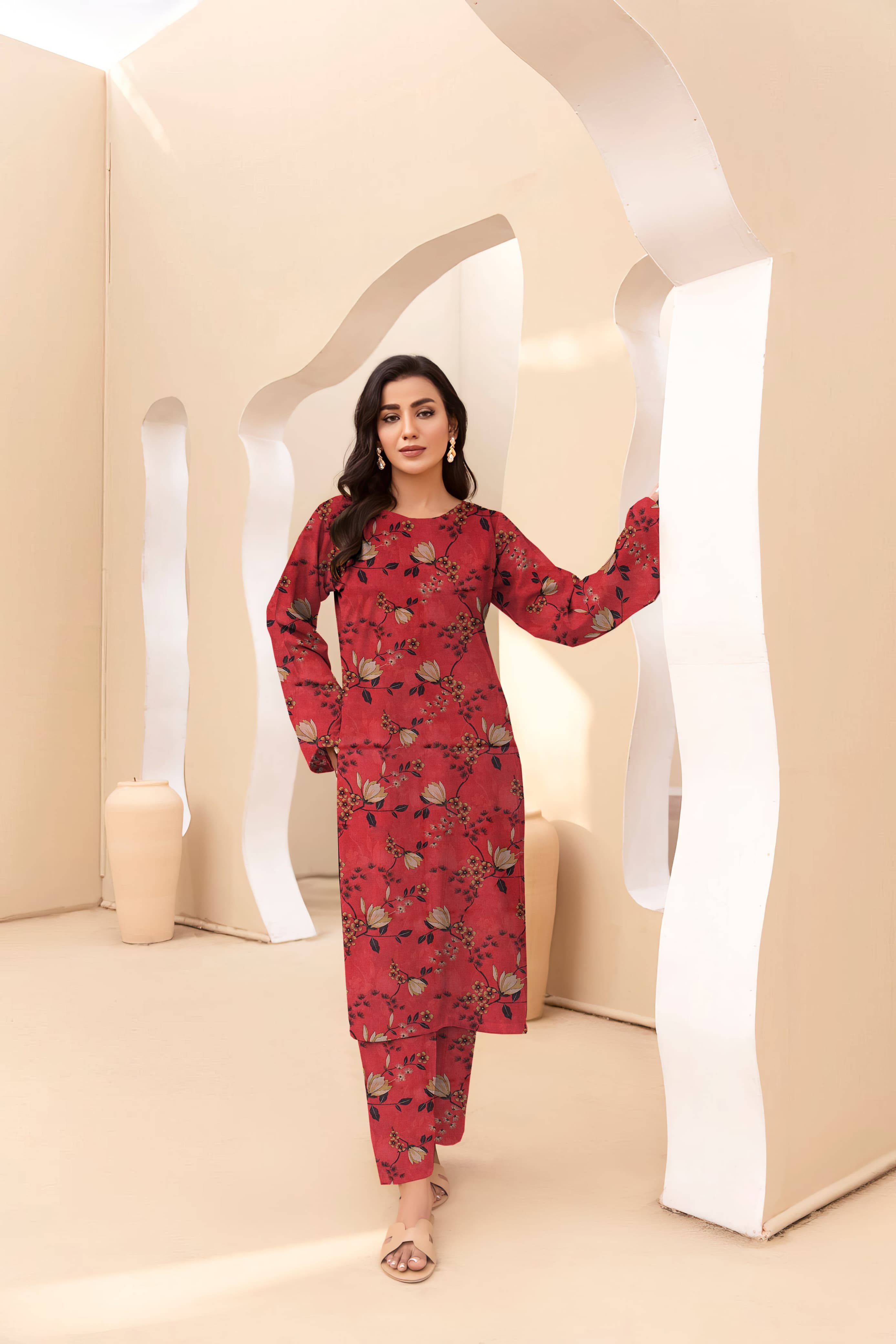 Unstitched Allover Printed Lawn 2 Piece Suits | BK-27 | Red Colour