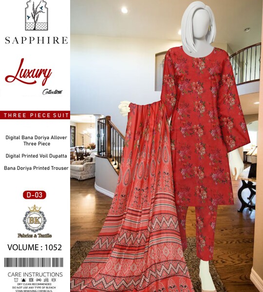 Unstitched Allover Digital Bana Doriya Lawn 3 Piece Suits | BK-40